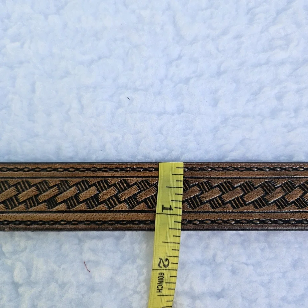 C.L. Belt Mens Small Brown Basketweave Western Tooled Leather Silver Buckle 9700